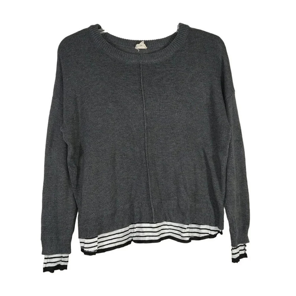 Hem and Thread Sweater Women Size M Grey Long Sleeve Stripe Contract